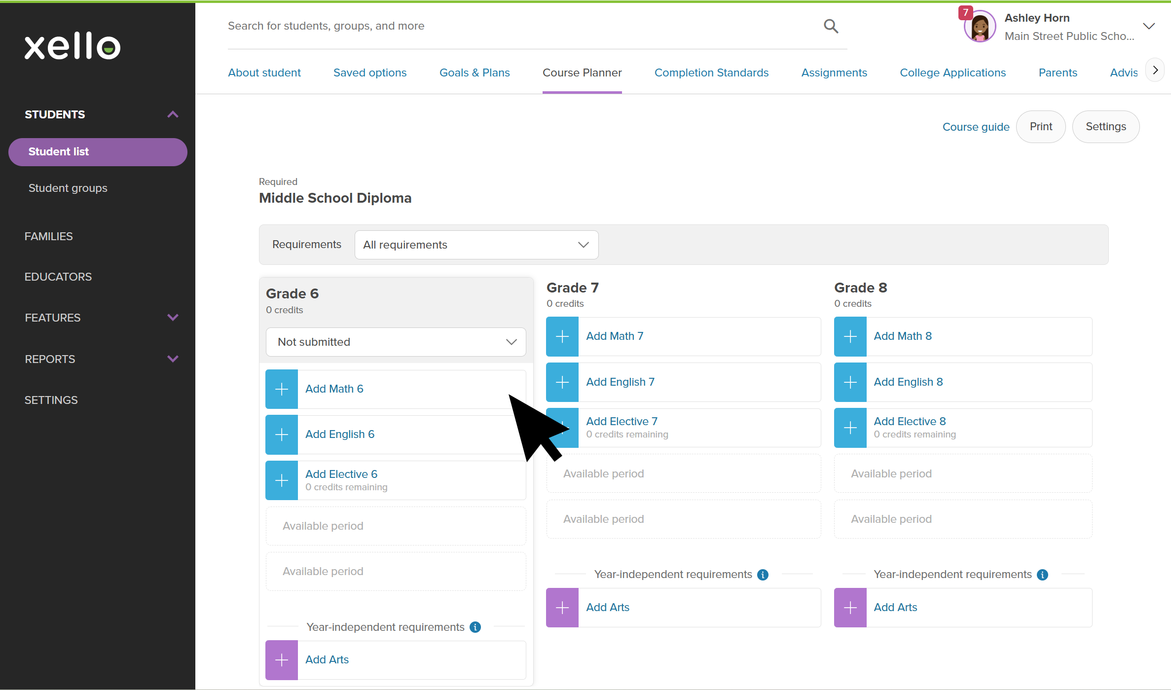 The Course Planner tab on a student's profile in Xello. The cursor is clicking Add Math 6 to view the math courses in 6th grade.